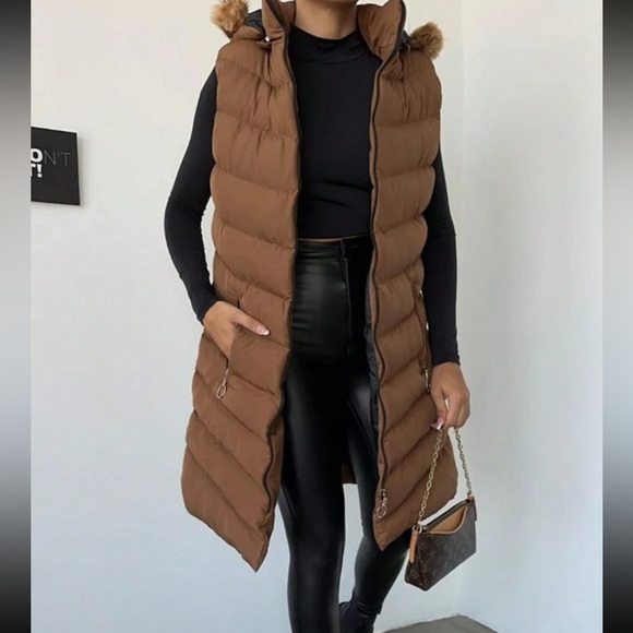 Jackets & Blazers - Luxe rust brown cozy long zipper hooded puffer vest coat jacket